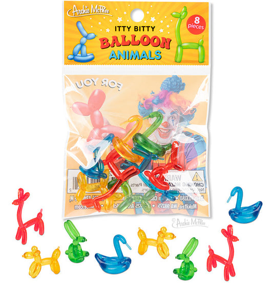 The Itty Bitty Balloon Animals pack offers eight vibrant miniatures in red, blue, green, and yellow, featuring charming dogs and ducks—ideal for practicing clown skills or adding whimsy to any event.