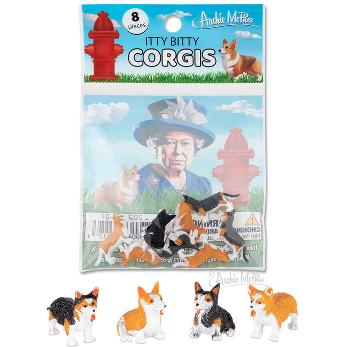 The packaging of the Itty Bitty Corgis features tiny, cute corgi figures and a fire hydrant, all set against a backdrop of a royal portrait. Each figure is intricately crafted from soft vinyl to capture every delightful detail.