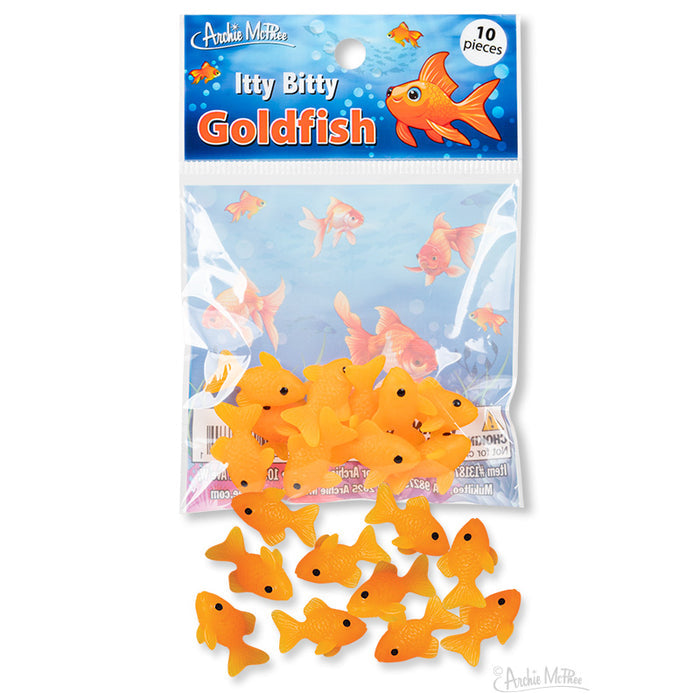 The Itty Bitty Goldfish set includes 10 small orange plastic fish toys made of soft vinyl, each packaged in a clear bag with a vibrant label, ideal for playtime adventures.