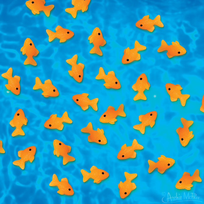 Bright orange fish, like Itty Bitty Goldfish, glide through clear blue water with bodacious style.