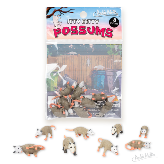 Itty Bitty Possums: Set of eight small plastic possum figurines in different poses—adorable miniatures ideal for collectors or imaginative play.