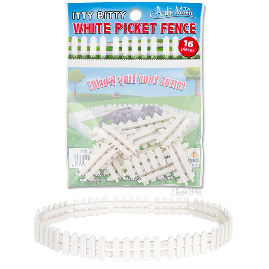 The set features 16 pieces of the Itty Bitty White Picket Fence, beautifully arranged in a circle with the packaging shown above. Crafted from soft vinyl, these mini fences are both durable and charming.