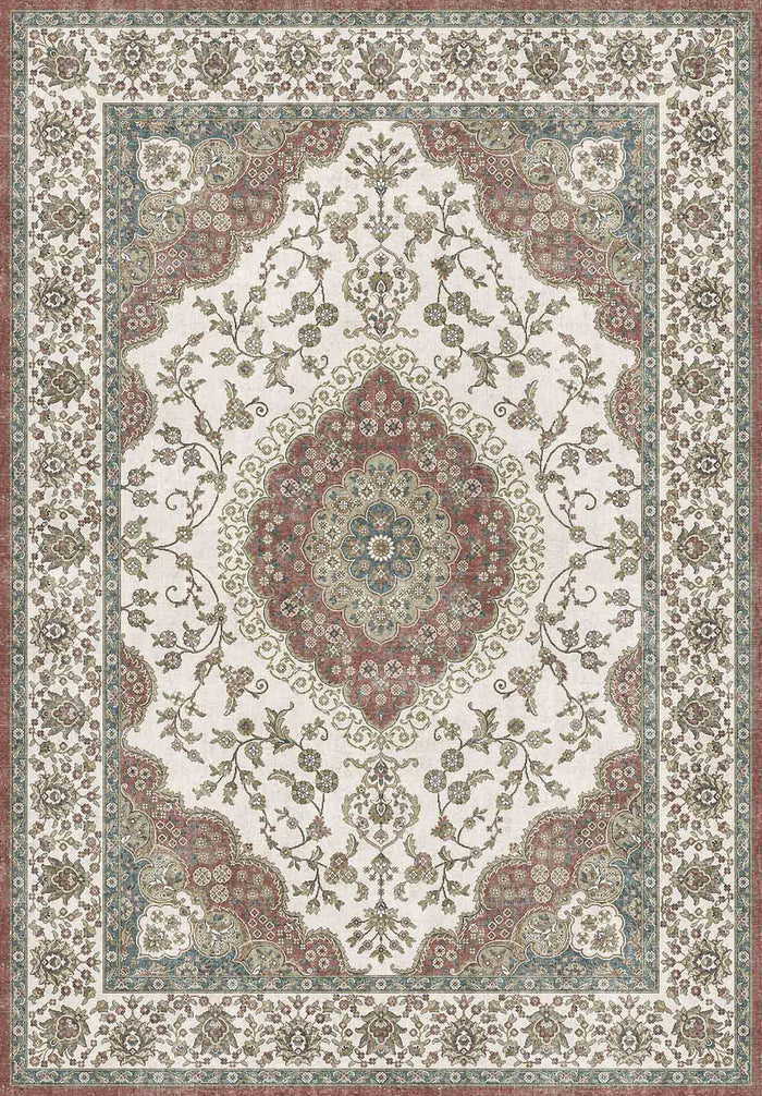 Cream traditional rug with a central red medallion, floral motifs, and a decorative border in red, blue, and sage green.