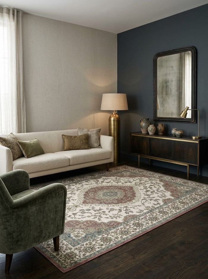 Cream rug with a traditional floral medallion pattern in muted red, blue, and green, styled in a modern living room.