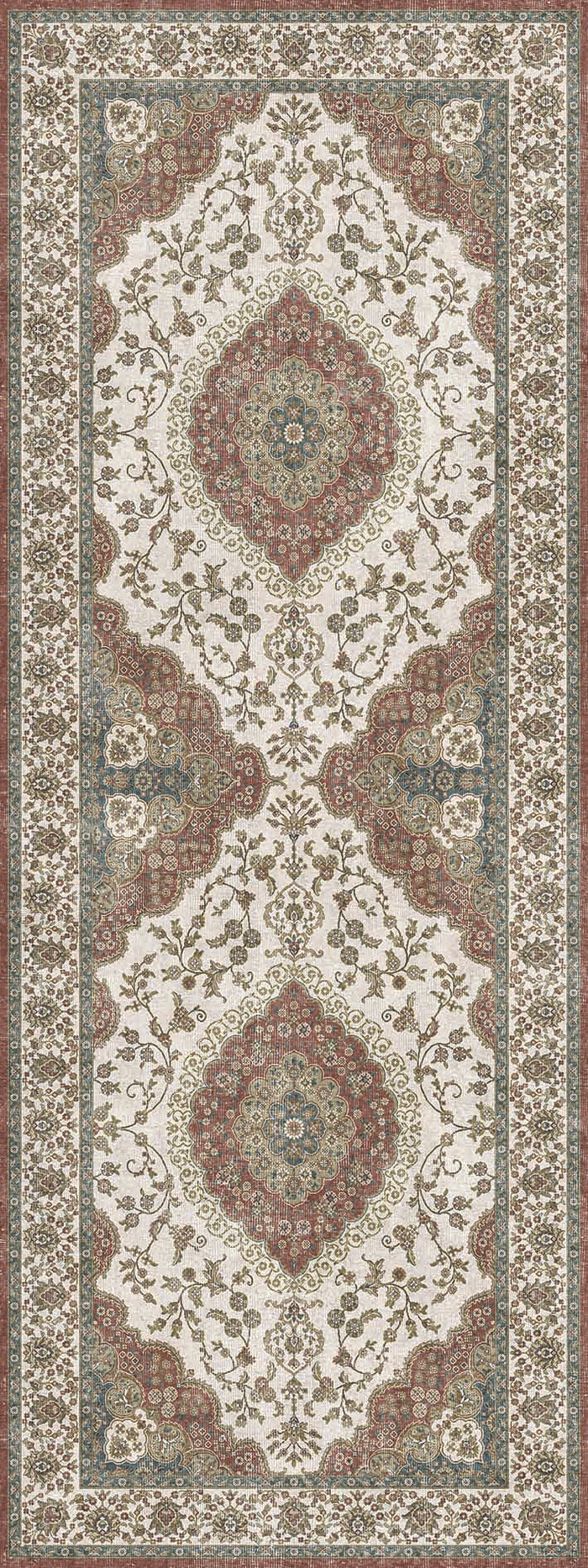 Cream runner rug with a traditional red and blue floral medallion pattern and a decorative border.