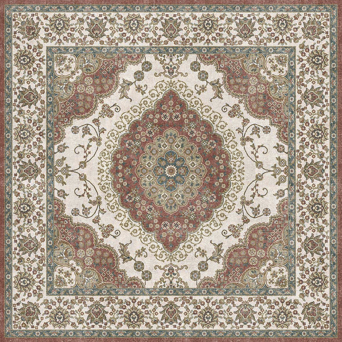 Traditional Persian-style rug with a central floral medallion in red, blue, and cream with a decorative border.