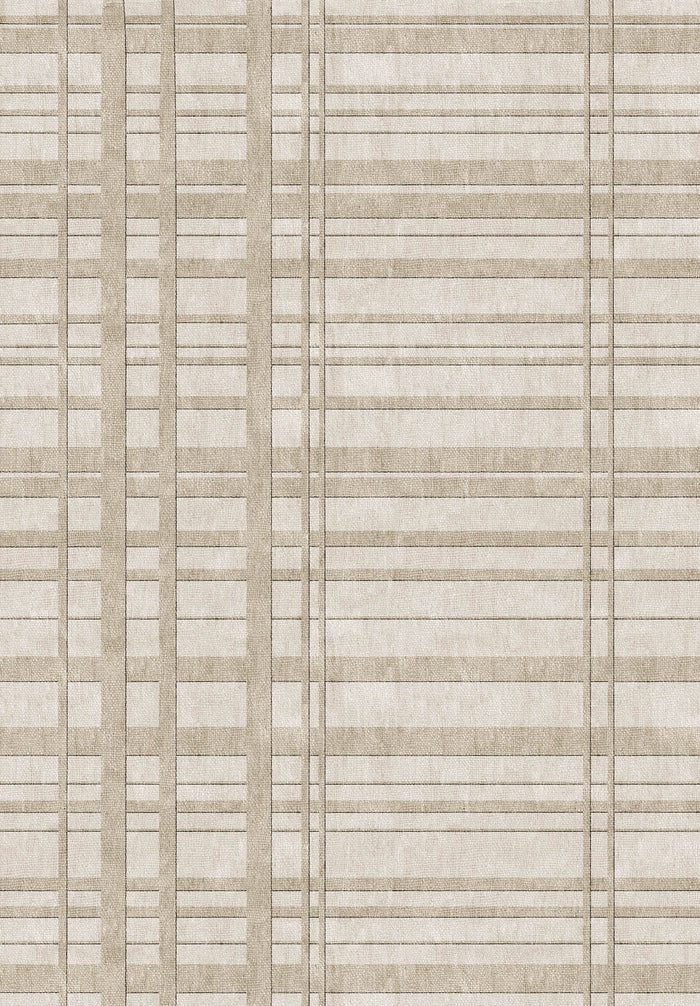Beige and cream rug with a grid pattern of intersecting vertical and horizontal lines.
