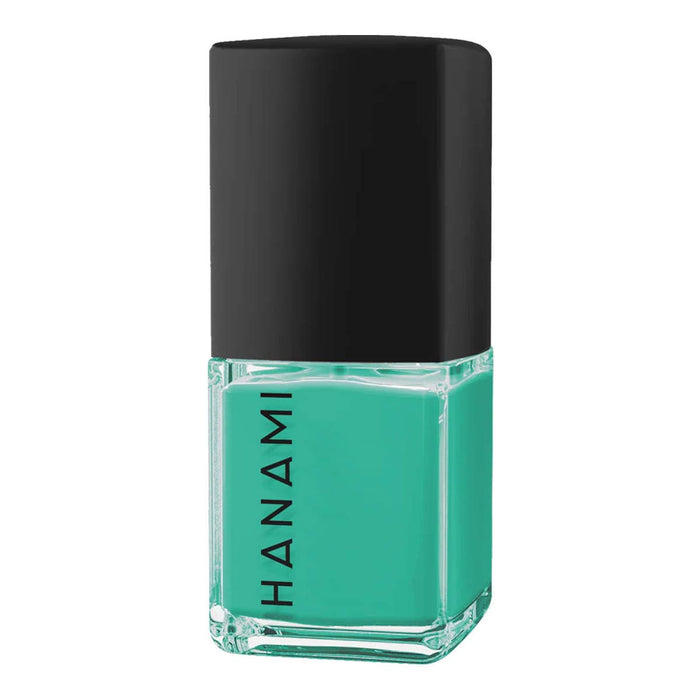 Teal nail polish bottle with black cap on a white background.