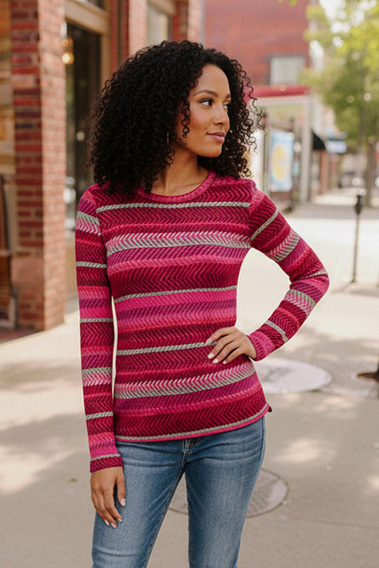 Keep Me Guessing Magenta Herringbone Long Sleeve