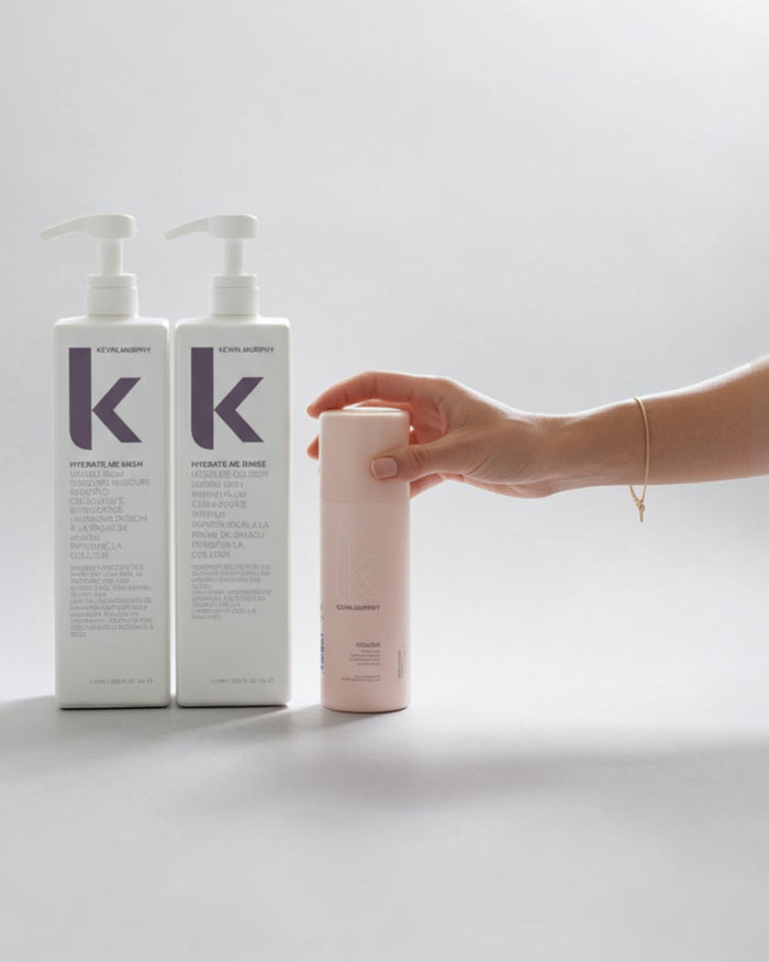 Kevin Murphy Hydrate-Me Wash & Rinse litre duo with free Doo.Over spray. White bottles with purple K logo.