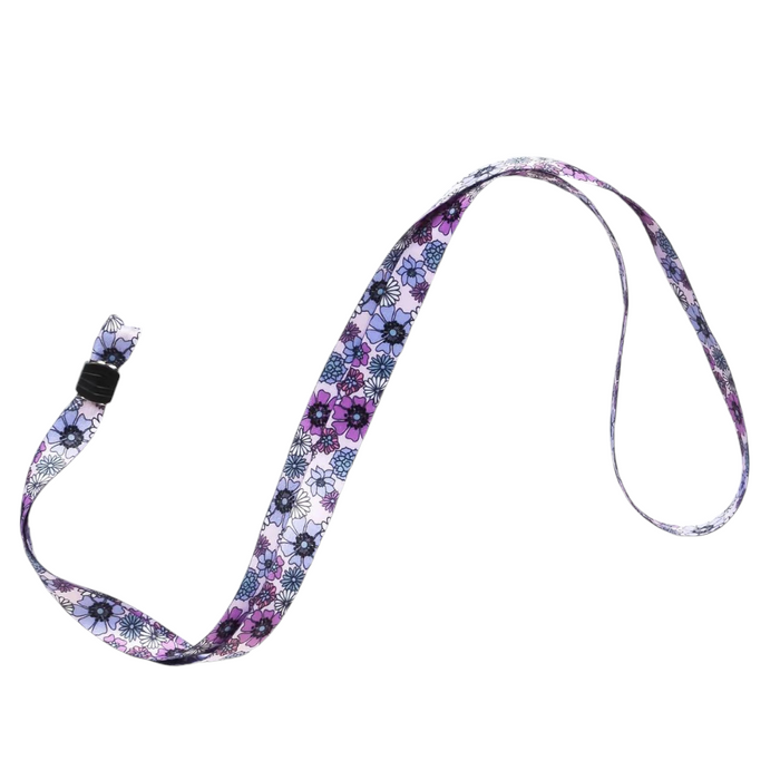 Pastel floral phone lanyard with purple, black, and blue flowers on a white background.