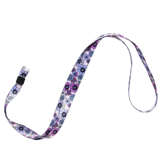 Pastel floral phone lanyard with purple, black, and blue flowers on a white background.