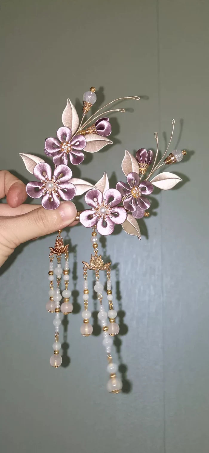Lavender Handmade Chanhua hair clips with tassel on dark hair-2