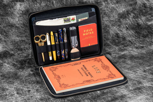 Leather Compendium Bag - A4 Zippered Folio Organizer - Black