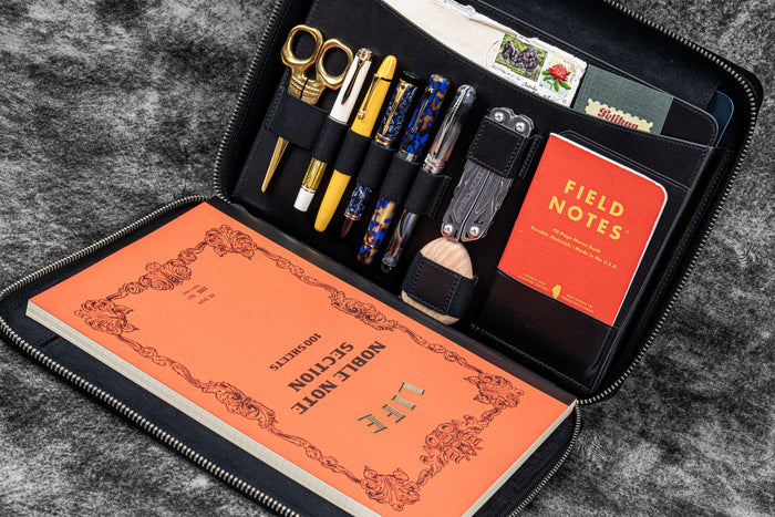Leather Compendium Bag - A4 Zippered Folio Organizer - Black