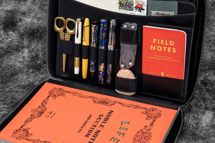 Leather Compendium Bag - A4 Zippered Folio Organizer - Black