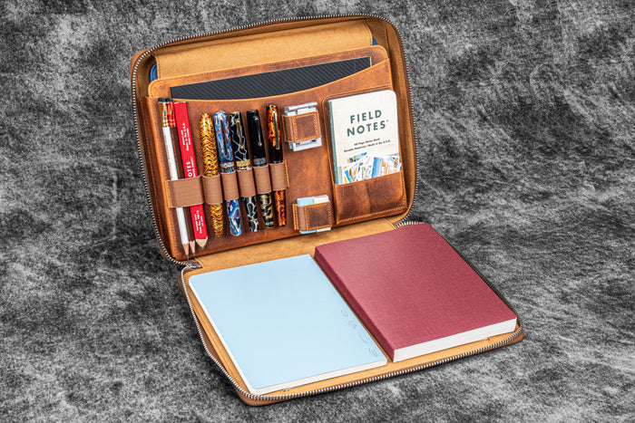 Leather Compendium Bag - A4 Zippered Folio Organizer - Crazy Horse Brown