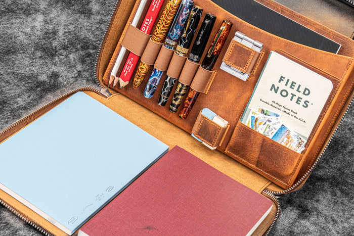 Leather Compendium Bag - A4 Zippered Folio Organizer - Crazy Horse Brown