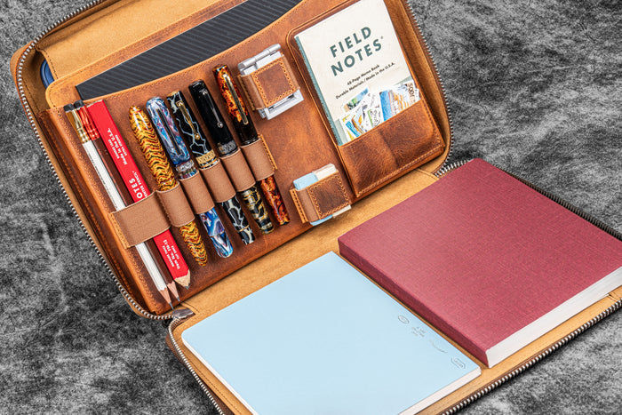 Leather Compendium Bag - A4 Zippered Folio Organizer - Crazy Horse Brown