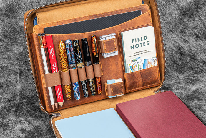 Leather Compendium Bag - A4 Zippered Folio Organizer - Crazy Horse Brown