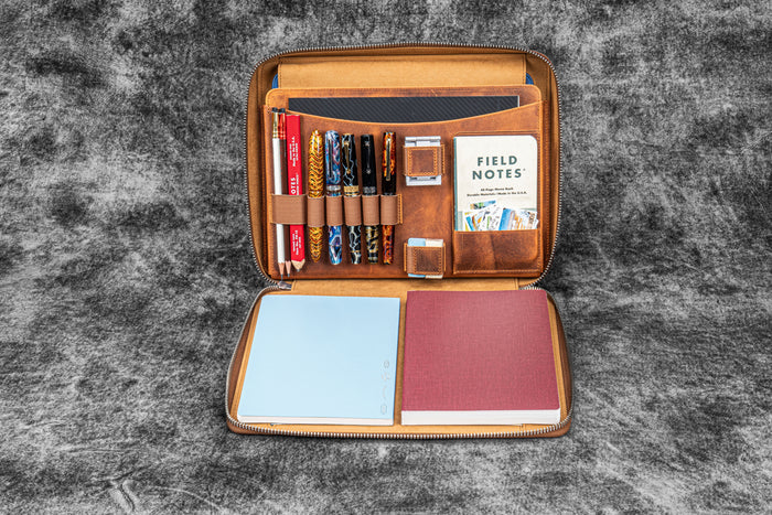 Leather Compendium Bag - A4 Zippered Folio Organizer - Crazy Horse Brown