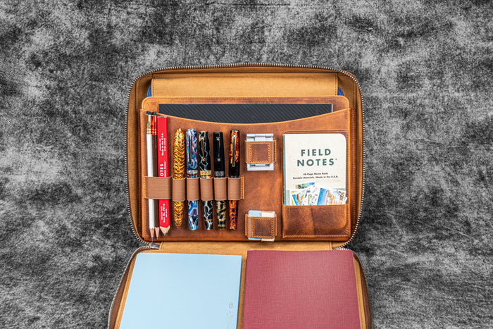 Leather Compendium Bag - A4 Zippered Folio Organizer - Crazy Horse Brown