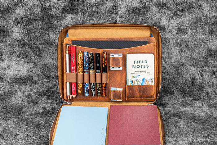 Leather Compendium Bag - A4 Zippered Folio Organizer - Crazy Horse Brown