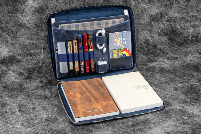 Leather Compendium Bag - A4 Zippered Folio Organizer - Crazy Horse Navy Blue
