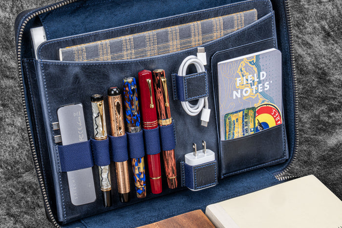 Leather Compendium Bag - A4 Zippered Folio Organizer - Crazy Horse Navy Blue