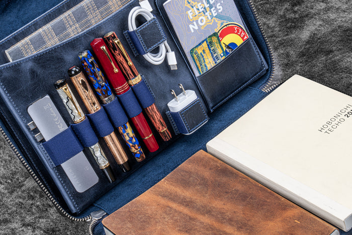 Leather Compendium Bag - A4 Zippered Folio Organizer - Crazy Horse Navy Blue