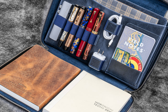 Leather Compendium Bag - A4 Zippered Folio Organizer - Crazy Horse Navy Blue