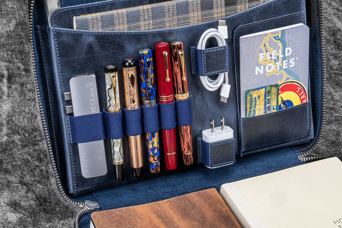 Leather Compendium Bag - A4 Zippered Folio Organizer - Crazy Horse Navy Blue