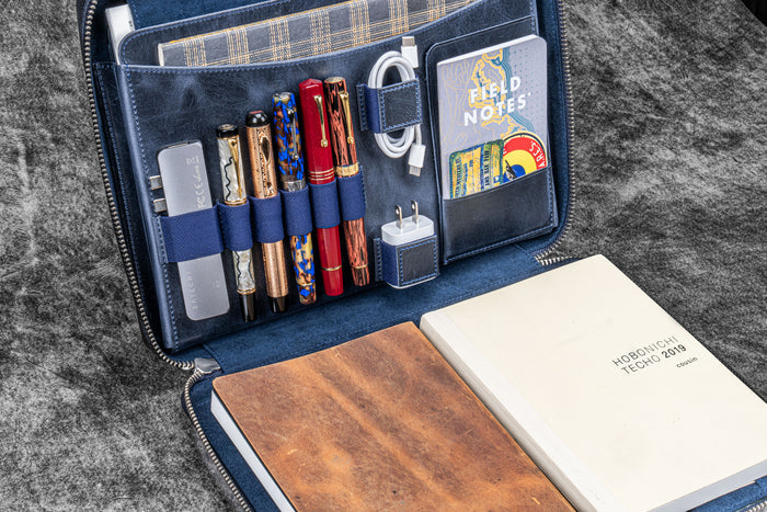 Leather Compendium Bag - A4 Zippered Folio Organizer - Crazy Horse Navy Blue