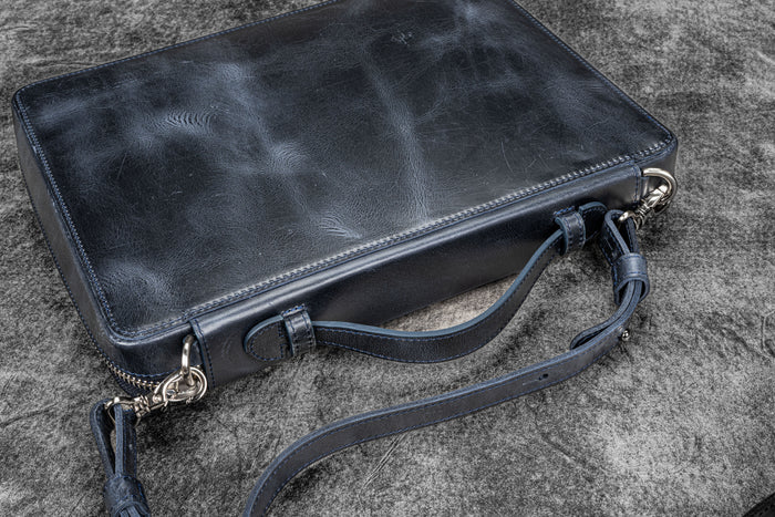 Leather Compendium Bag - A4 Zippered Folio Organizer - Crazy Horse Navy Blue