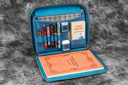 Leather Compendium Bag - A4 Zippered Folio Organizer - Crazy Horse Ocean Blue