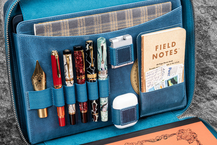 Leather Compendium Bag - A4 Zippered Folio Organizer - Crazy Horse Ocean Blue