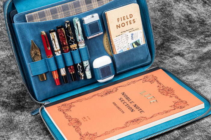 Leather Compendium Bag - A4 Zippered Folio Organizer - Crazy Horse Ocean Blue