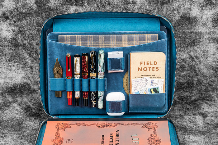 Leather Compendium Bag - A4 Zippered Folio Organizer - Crazy Horse Ocean Blue