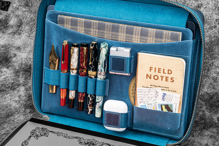 Leather Compendium Bag - A4 Zippered Folio Organizer - Crazy Horse Ocean Blue