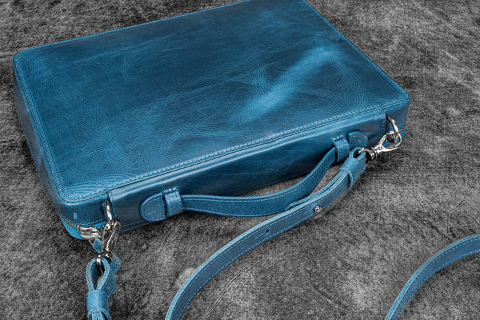 Leather Compendium Bag - A4 Zippered Folio Organizer - Crazy Horse Ocean Blue