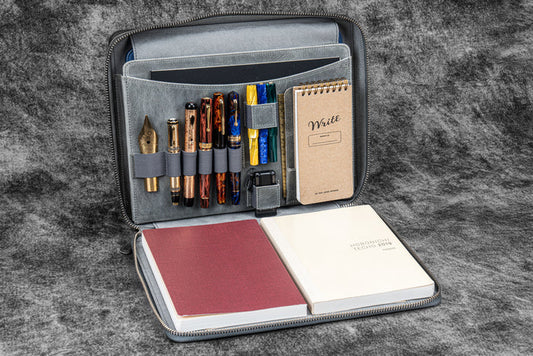 Leather Compendium Bag - A4 Zippered Folio Organizer - Crazy Horse Smoky
