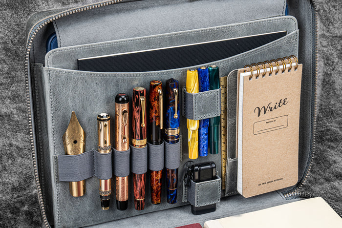 Leather Compendium Bag - A4 Zippered Folio Organizer - Crazy Horse Smoky