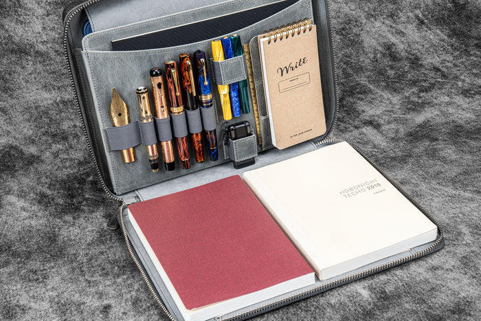 Leather Compendium Bag - A4 Zippered Folio Organizer - Crazy Horse Smoky