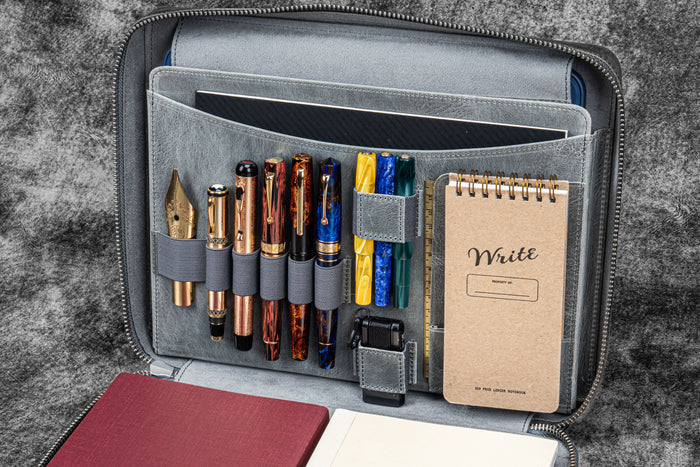 Leather Compendium Bag - A4 Zippered Folio Organizer - Crazy Horse Smoky