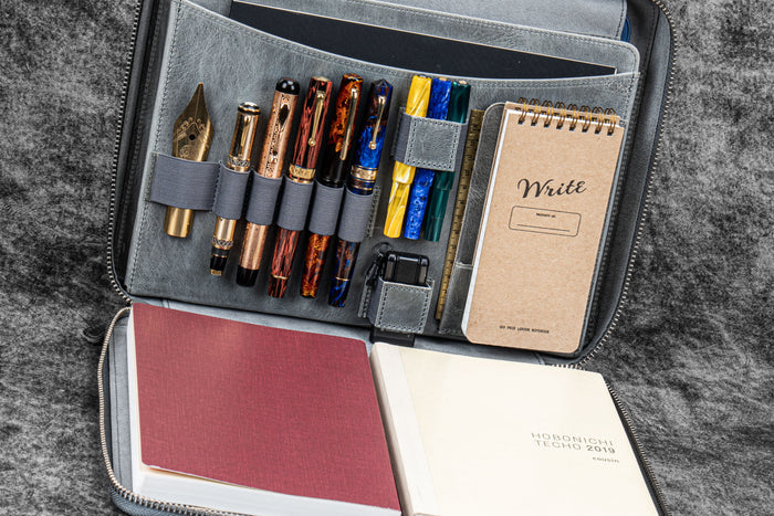 Leather Compendium Bag - A4 Zippered Folio Organizer - Crazy Horse Smoky