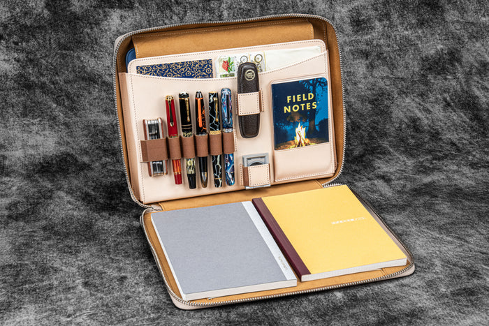 Leather Compendium Bag - A4 Zippered Folio Organizer - Undyed Leather
