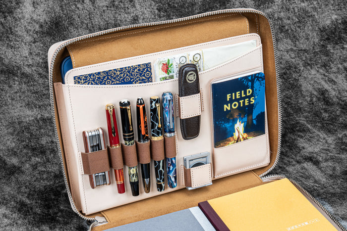Leather Compendium Bag - A4 Zippered Folio Organizer - Undyed Leather