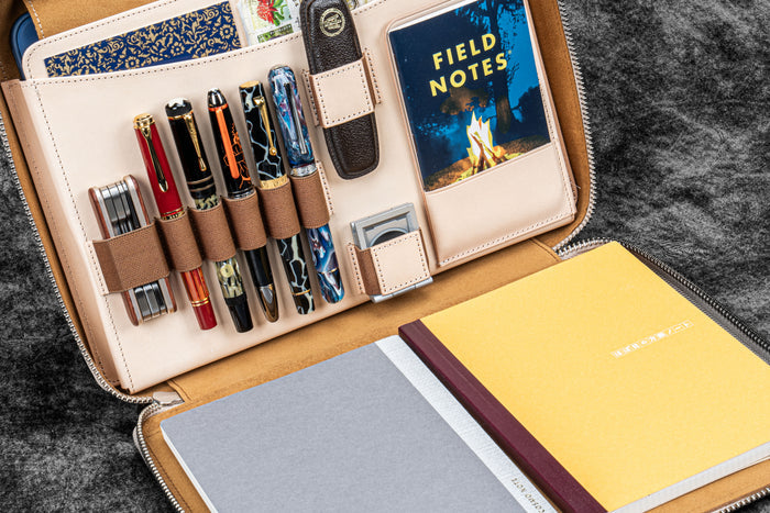 Leather Compendium Bag - A4 Zippered Folio Organizer - Undyed Leather
