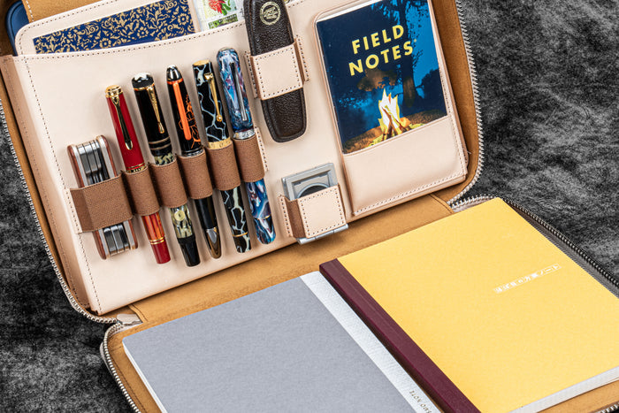 Leather Compendium Bag - A4 Zippered Folio Organizer - Undyed Leather