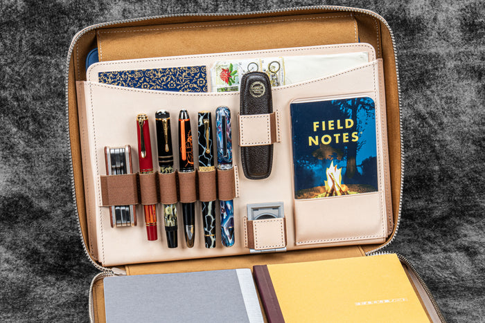 Leather Compendium Bag - A4 Zippered Folio Organizer - Undyed Leather
